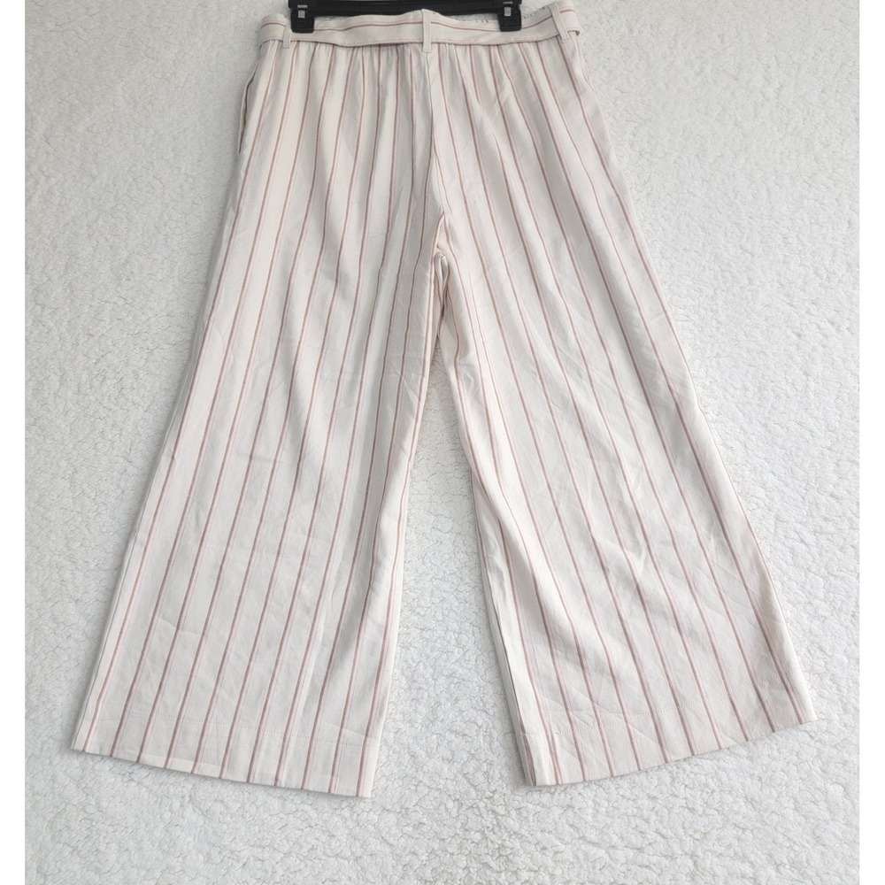 J. Jill Linen Blend Wide Leg Crop Pants Medium Beige Pink Striped Belted Coastal - Picture 3 of 8